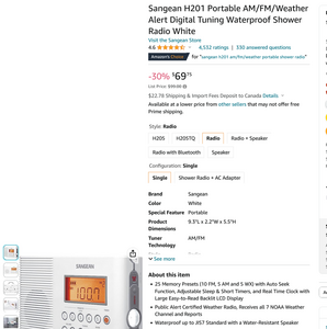 Screenshot 2023 07 07 at 20 14 31 Amazon.com Sangean H201 Portable AM FM Weather Alert Digital Tuning Waterproof Shower Radio White Electronics